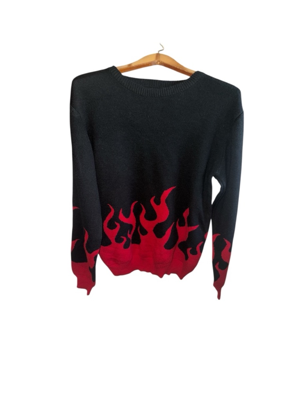 Hot Topic Black Flaming Hot Crewneck Sweater with Red Flame Trim Size Medium